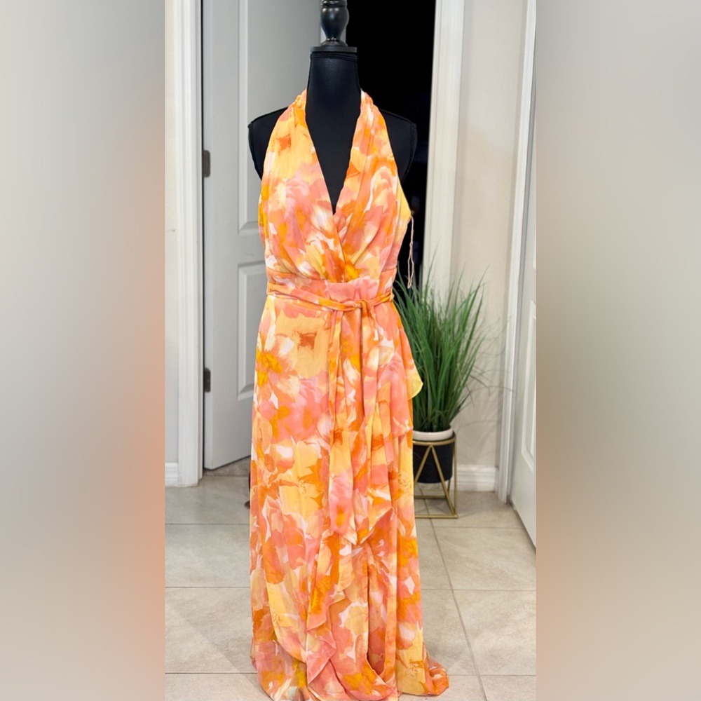 London Times Orange and Pink Sleeveless Maxi Dress